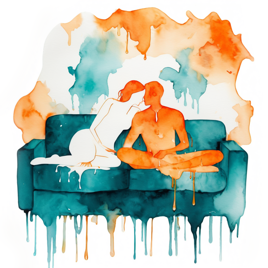 A speech bubble in teal and orange watercolors